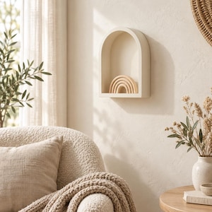 Peut inclure: Une étagère murale arquée de couleur crème fixée au mur, dotée d'un sommet arrondi lisse et d'une base plate. À l'intérieur de l'étagère se trouve un petit jouet arc-en-ciel en bois clair composé de plusieurs arches concentriques empilées.