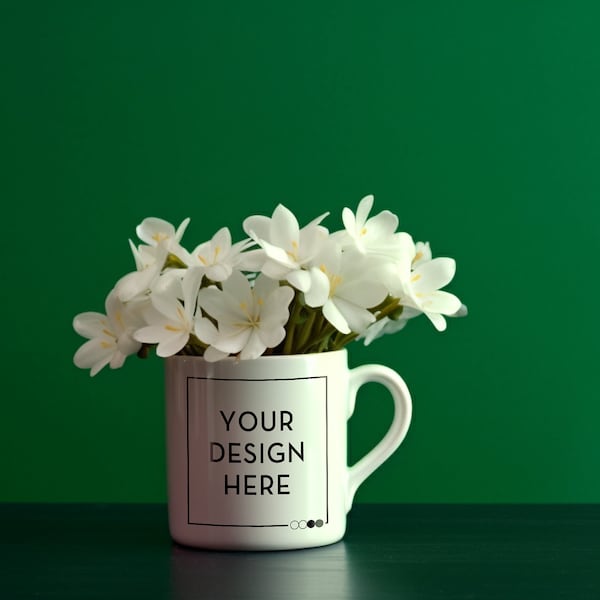 Mockup - White mug containing flowers against a green wall - Styled Stock photograph