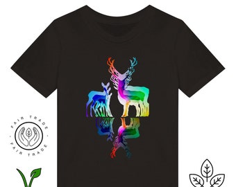 Camiseta infantil, 100% algodón orgánico, vegana, ciervos y ciervos, arcoiris, negro, colorido, camisa, ropa, niños