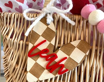 Checkered Heart Gift Tag for Valentines Day, Kids Valentines Day Gift Basket, Personalized Valentine's Basket Gift Tags, Custom Name Tags