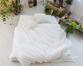 White Linen Duvet Cover Set: Coconut Button Closure, 4-Piece Bedding