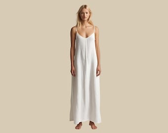 White Linen Slip Dress, Long Ankle Length, A-Line