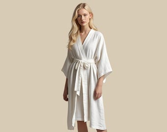 White Linen Kimono Robe – Knee Length Summer Wrap Dress