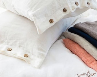 European Linen Pillowcase with Cocoa Buttons - Rustic Farmhouse Style