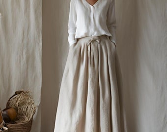 Linen Maxi Skirt with Pockets, High Waisted Plus Size Skirt