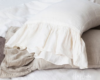 Linen Pillowcase Set of 2, Ivory Ruffle Pillow Shams