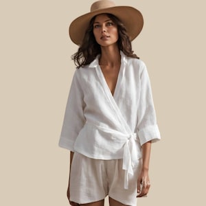 Linen WRAP SHIRT with long sleeves, linen wrap top, white kimono linen wrap blouse, gift for her