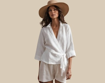 Linen Wrap Top, Kimono Blouse with Tie Belt