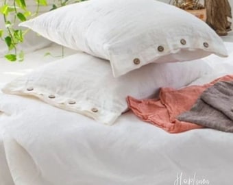 European Linen Pillow Case with Cocoa Buttons, Rustic Farmhouse Style