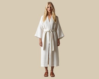 White Linen Kimono Robe – Long Sleeve Wrap Dress, Gift for Her