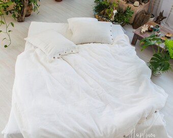 Ivory Linen Duvet Cover Set with Coconut Buttons