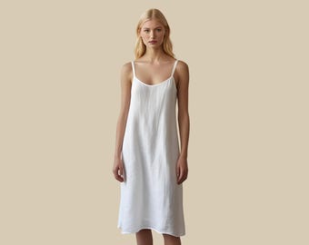 White Linen Slip Dress, Knee Length A-Line, Adjustable Straps