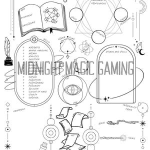 May include: A printable character sheet for role-playing games, featuring a black and white design with a wizard hat, a book, and a variety of stats and skills. The sheet is titled "Midnight Magic Gaming".