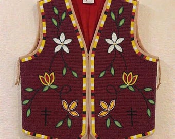 Handmade Old American Style Beaded Powwow Regalia Front Beaded Leather Vest