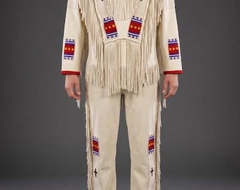 Antique Plains Indian Handmade Beaded Suede War Shirt & Pants with Tassels - Native American Clothing for Men - Powwow Regalia Set