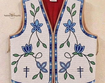 Gilet en cuir perlé fait main style américain ancien pour tenue de cérémonie Pow-wow Regalia