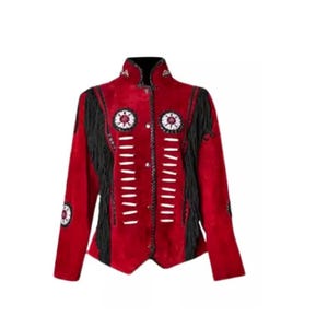 Women Suede Leather American Native Style Jacket Fringed & Beaded - (Red /  Black) LB-WJ-007