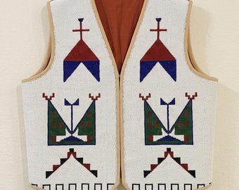 Handmade Old American Style Beaded Powwow Regalia Front Beaded Leather Vest