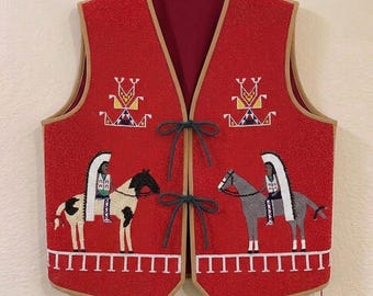 Handmade Old American Style Beaded Powwow Regalia Front Beaded Leather Vest