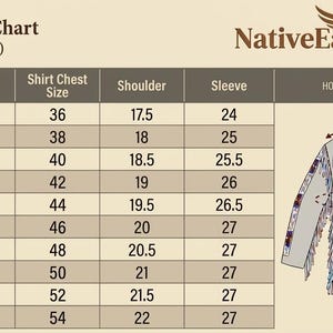 May include: A size chart for a war shirt, with measurements in inches. The chart includes chest size, shoulder, and sleeve measurements, along with corresponding sizes from XXS to 5XL. The NativeEagleRegalia logo is at the top.