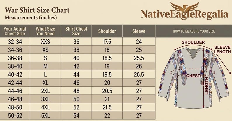 May include: A size chart for a war shirt, with measurements in inches. The chart includes chest size, shoulder, and sleeve measurements, along with corresponding sizes from XXS to 5XL. The NativeEagleRegalia logo is at the top.