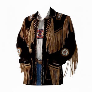May include: Black suede jacket with tan fringe and decorative beadwork. The jacket features a notched collar, pockets, and a button closure. The jacket is layered over a white shirt and blue jeans.