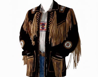Vintage Western Suede Fringe Jacket, Beaded Native American Style