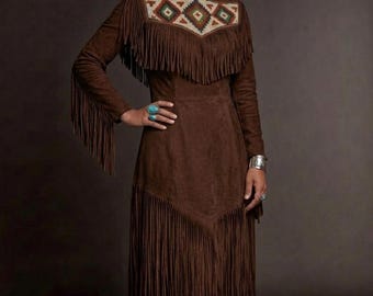 Handmade Leather Fringe Dress - Western Native Style Regalia, Powwow Outfit, Boho Festival wear