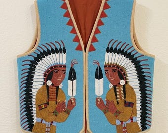 Handmade Old American Style Beaded Powwow Regalia Front Beaded Leather Vest