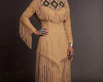 Handmade Leather Fringe Dress - Western Native Style Regalia, Powwow Outfit, Boho Festival wear