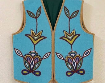 Handmade Old American Style Beaded Powwow Regalia Front Beaded Leather Vest