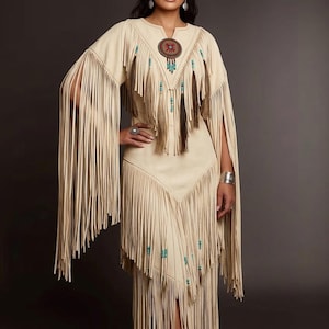 Peut inclure: Une robe beige aspect daim avec de longues franges fluides sur les manches et l'ourlet. Le vêtement est orné d'un médaillon circulaire perlé à l'encolure, agrémenté de perles turquoise et de pompons suspendus en poils brun foncé et beige.