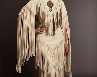 Handmade Leather Fringe Dress - Western Native Style Regalia, Powwow Outfit, Boho Festival wear