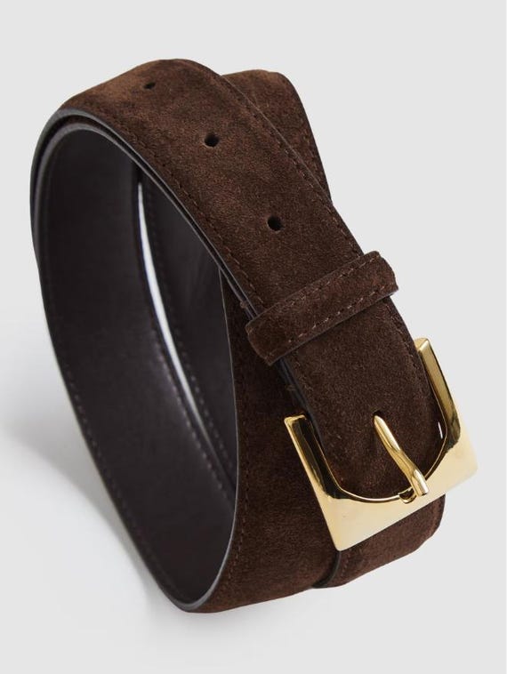 Handmade Brown Suede Leather Belt With Polished Gold Buckle  display picture 3