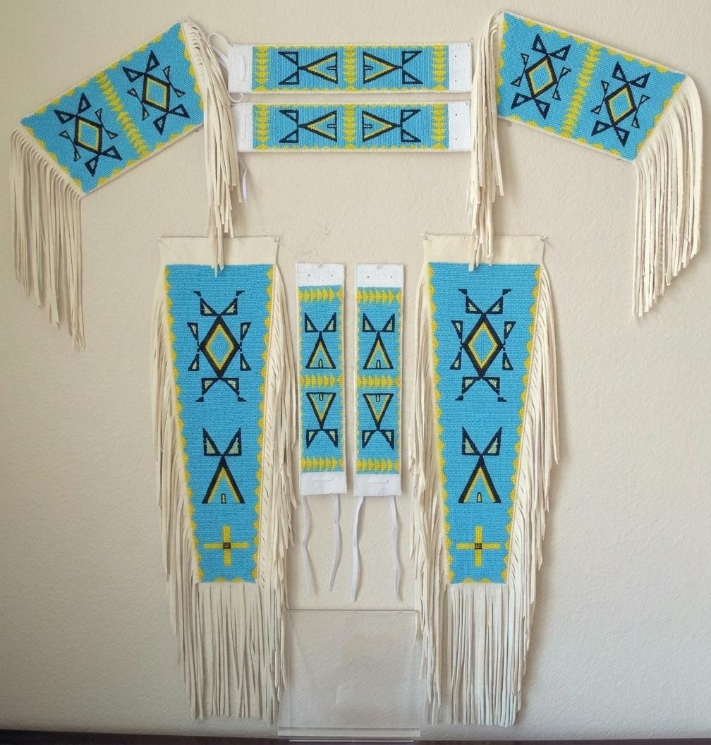 Hand-Beaded Native American Style Powwow Regalia Set Full Set Leggings, Armbands and Side Drops