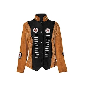 Women Suede Leather American Native Style Jacket Fringed & Beaded - Black / Brown LB-WJ-005