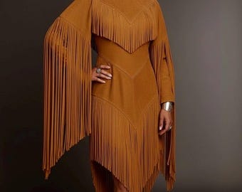 Handgefertigtes Leder Fransen Kleid - Western Native Style Regalia, Powwow Outfit, Boho Festival Kleidung
