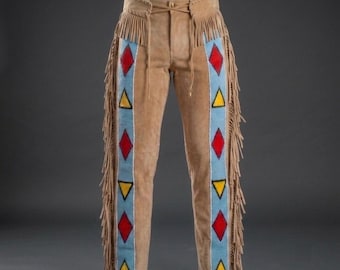 Women's Beaded Suede Leather Handmade Fringe Pants Western Inspired Trousers | Boho Festival Statement Wear