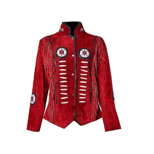 Women Suede Leather American Native Style Jacket Fringed & Beaded - Red LB-WJ-008