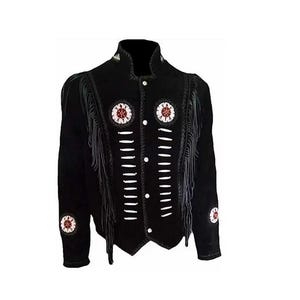 Women Suede Leather American Native Style Jacket Fringed & Beaded - Black LB-WJ-004