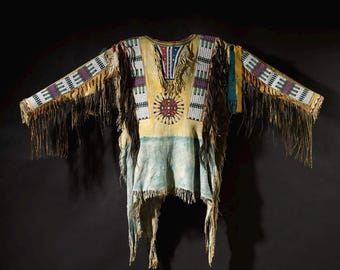 Handcrafted Old American Style Beige Buckskin Suede Hide Rendezvous Powwow Regalia War Shirt