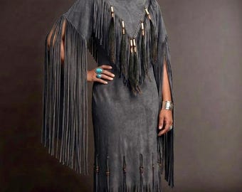 Handmade Leather Fringe Dress - Western Native Style Regalia, Powwow Outfit, Boho Festival wear