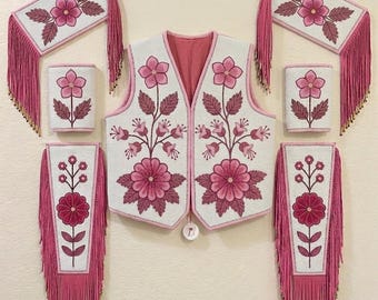 Hand-Beaded Native American Style Powwow Regalia Set | Full Set of Vest, Leggings, Armbands and Side Drops