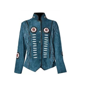 Women Suede Leather American Native Style Jacket Fringed & Beaded - Blue LB-WJ-002