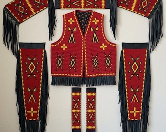 Hand-Beaded Old American Style Powwow Regalia Set | Full Set of Vest, Leggings, Armbands and Side Drops