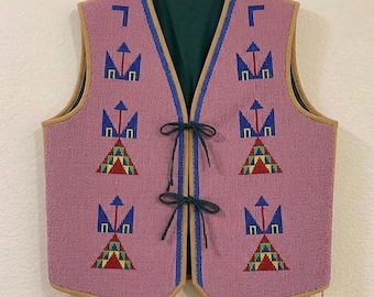 Handmade Old American Style Beaded Powwow Regalia Front Beaded Leather Vest