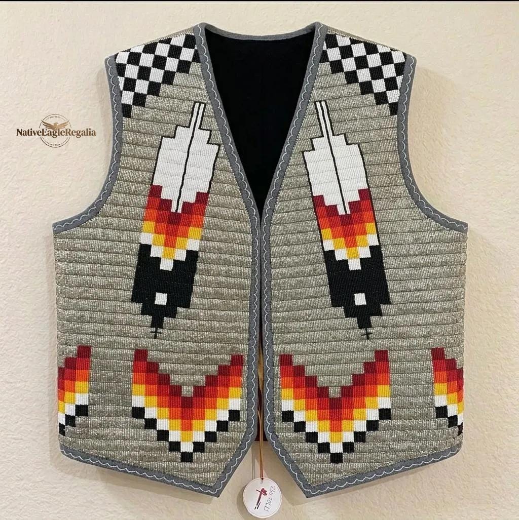 Handmade Native American Style Beaded Powwow Regalia Front Beaded Leather Vest -