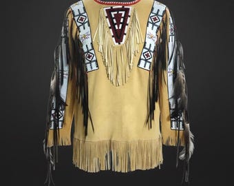 Old Style Beige Buckskin Suede Hide Rendezvous Powwow Regalia War Shirt