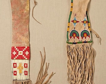 2 piece native american indian baeded sioux plain pipe tobaco bag suede leather