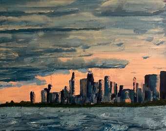 Chicago Skyline Palette Knife Painting Original, Oil on Canvas